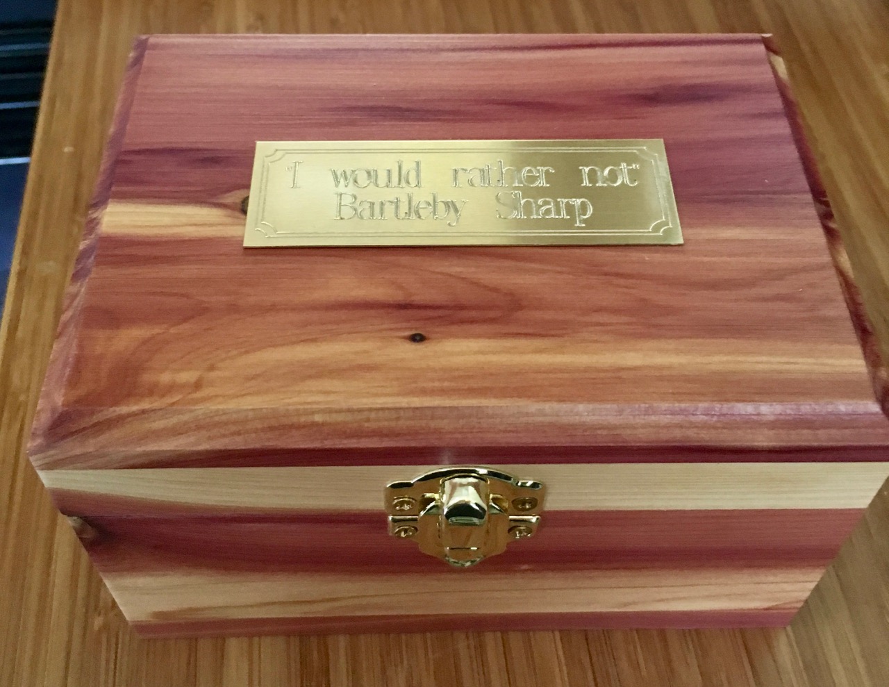 photo of box of ashes with engraved plate that says "I would rather not"